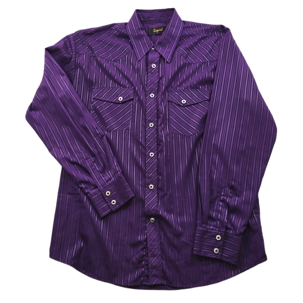 Liquid Western Shirt Mens XXL Purple Silk Blend Striped Snap Button Cowboy‎